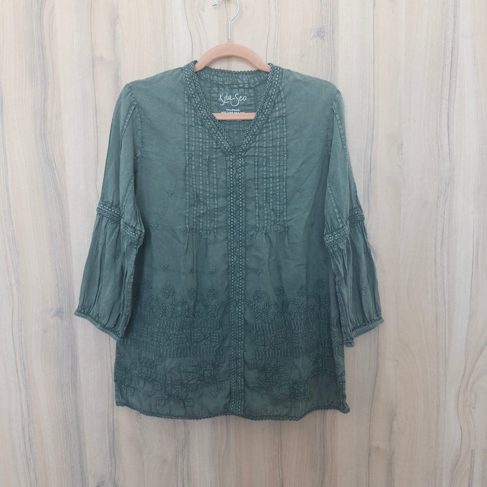 Kyla Seo Womens Embroidered Floral Blouse S Green Pintuck Boho Cottage Earthy